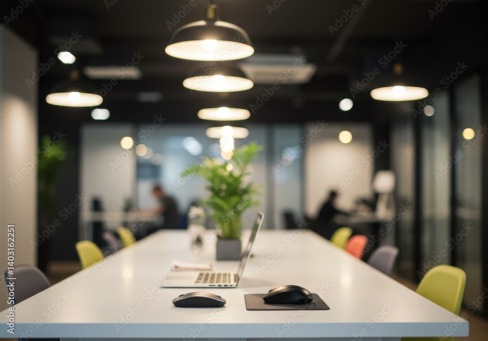 Poster a conference table with laptops and mice in a blurred office setting with hanging lights above it al