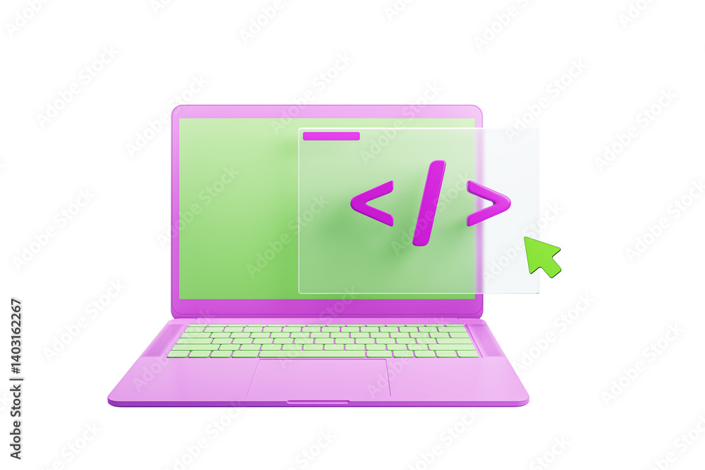 Aufkleber Pink and green laptop with code icon and cursor, isolated on white background, clean cutout style, representing programming and coding concept. 3D Rendering