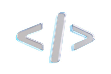 Glossy 3D rendering of coding angle brackets and vertical bar symbol, isolated on white background, clean icon concept for programming design