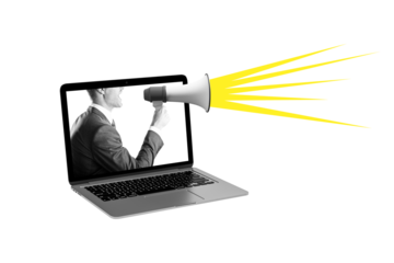 Man in suit shouting through megaphone from laptop screen with yellow sound beams, minimal collage style on white background, concept of online promotion