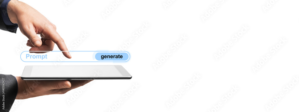 Aufkleber closeup of hands holding tablet with floating prompt and generate interface, isolated on white backg