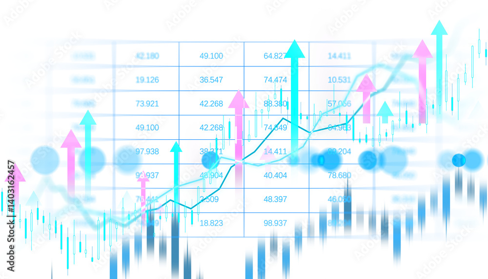 Poster abstract financial chart with arrows and data values, modern graphic style, on a white background. c