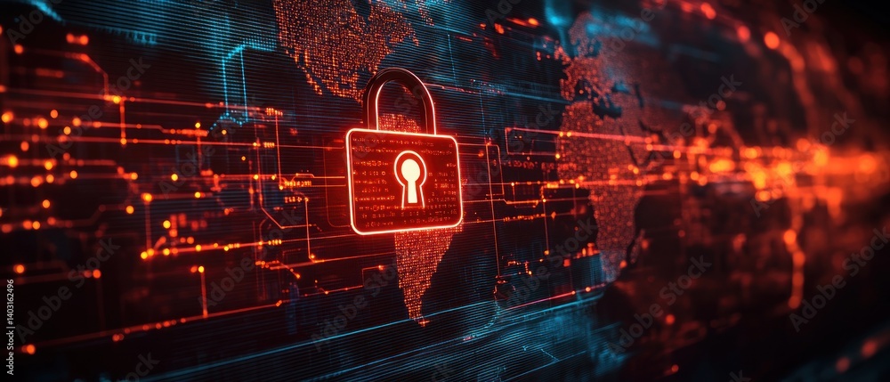 Poster digital lock symbolizing cybersecurity on global map