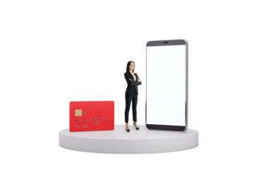 Female businessperson with red credit card and large smartphone on white platform, clean background, concept of mobile banking or payment