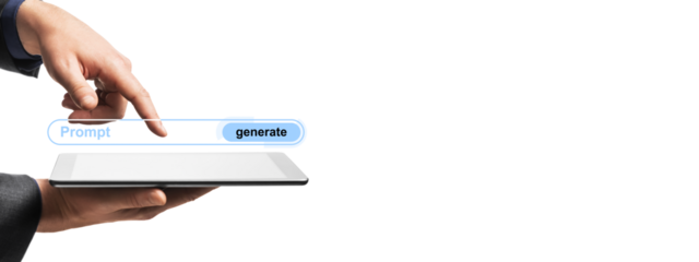 Closeup of hands holding tablet with floating Prompt and Generate interface, isolated on white background, concept of digital innovation