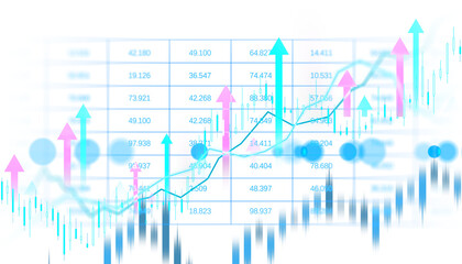 Abstract financial chart with arrows and data values, modern graphic style, on a white background. Concept of stock growth and market trend. 3D Rendering