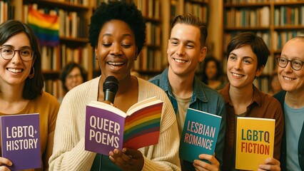 Diverse group of young lgbtq+ writers is smiling and sharing their work at a book reading event in a library, promoting inclusivity and celebrating queer literature