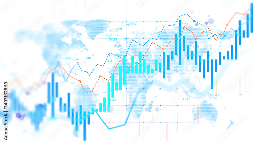Poster Global market data chart with bar and line graphs over transparent world map, clean digital style on light background, concept of financial growth. 3D Rendering.