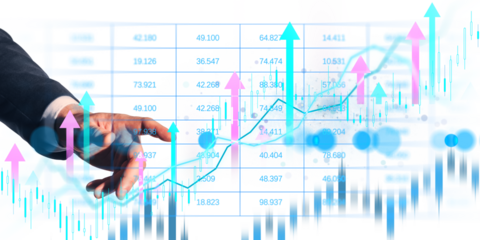 Businessman's hand touching upward arrows and financial charts, clean style, on white background. Concept of market growth and investment data