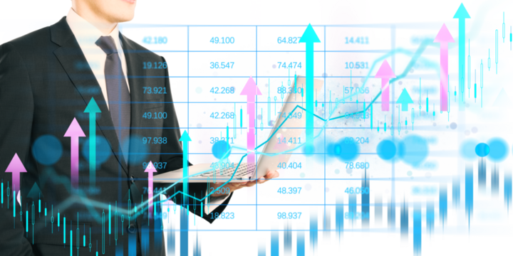Businessperson in suit holding laptop with rising arrows and financial data graphics overlayed, on clean white background, concept of digital finance