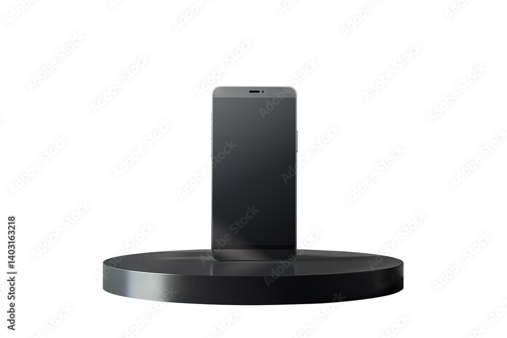 Poster Smartphone standing vertically on round black platform, clean minimal layout, isolated on white background, concept of modern technology. 3D Rendering