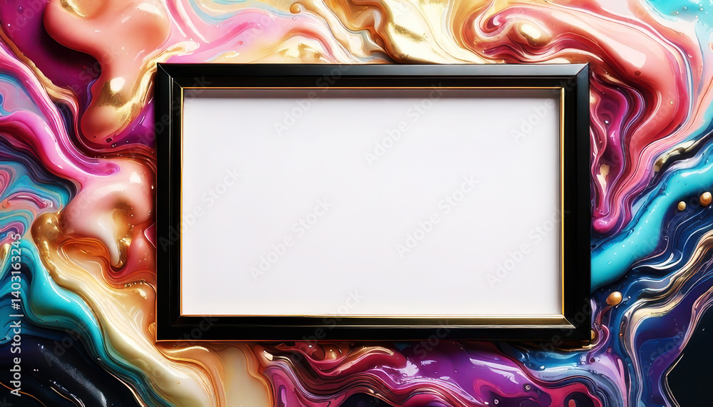 Poster black edge frame mockup with empty white center on colorful fluid art background