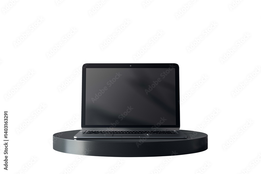 Poster Black laptop with empty screen placed on a round dark pedestal, isolated on a clean white background. 3D Rendering for tech branding concept