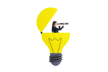 Woman in business suit looking through telescope inside cutout yellow lightbulb on clean white...