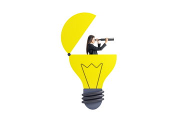 Woman in business suit looking through telescope inside cutout yellow lightbulb on clean white background, concept of vision, ideas and innovation