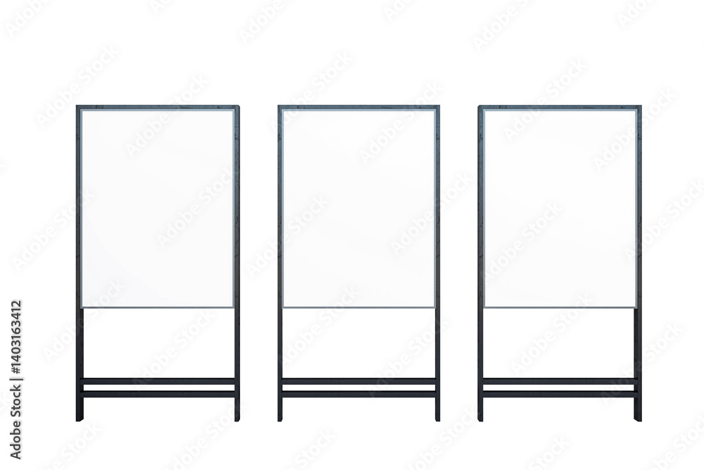 Poster Three vertical black frame boards with clean white canvas isolated on light background, ideal for poster or banner display mockup presentation. 3D Rendering.