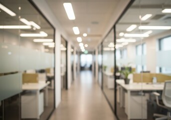 Fototapeta premium Blurred view of office hallway with glass walled offices and bright overhead fluorescent lighting