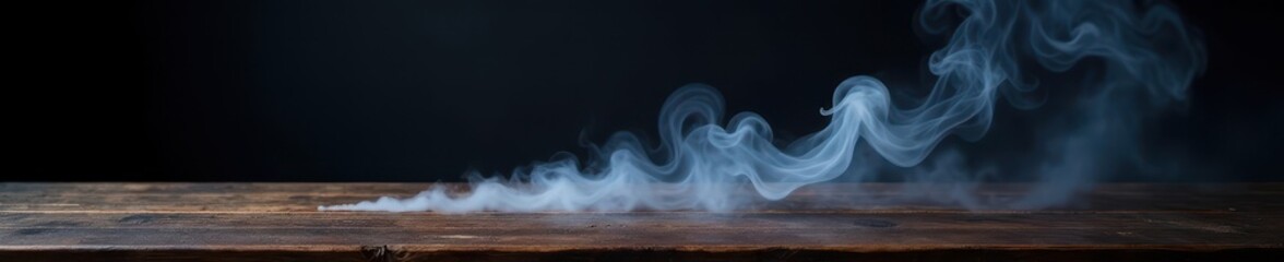 Dark wooden tabletop, wispy smoke trails upward against black backdrop, image, abstract, dark