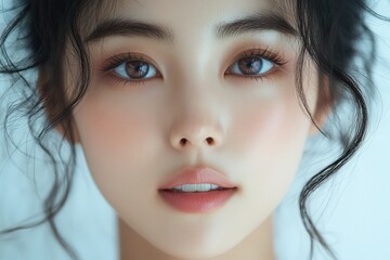 Fototapeta premium Woman's close up face with brown eyes and delicate, curly black hair