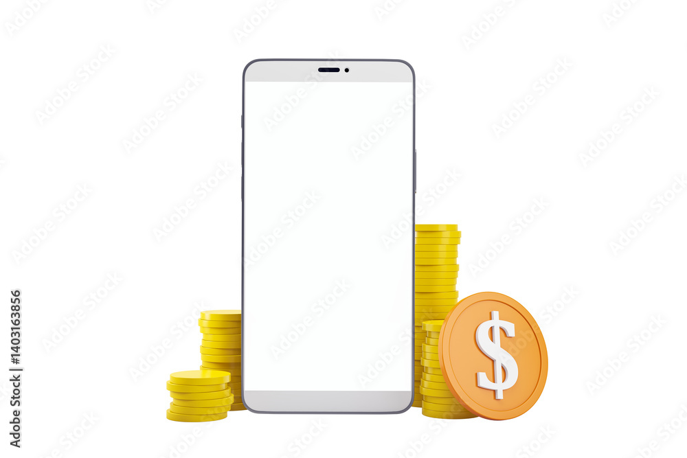 Poster Mobile smartphone with empty display, stacked gold coins, and dollar sign symbol on clean white background. Concept of finance and currency. 3D Rendering
