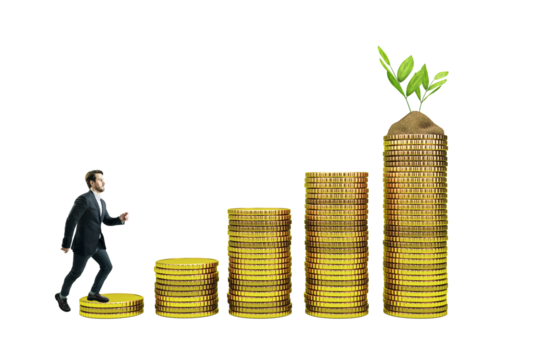 Businessman walking up stacked gold coins like stairs, isolated on white background, symbolizing financial growth and investment success