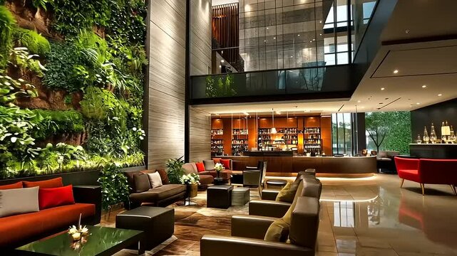 Modern hotel lobby featuring lush vertical garden, elegant seating areas, and bar
