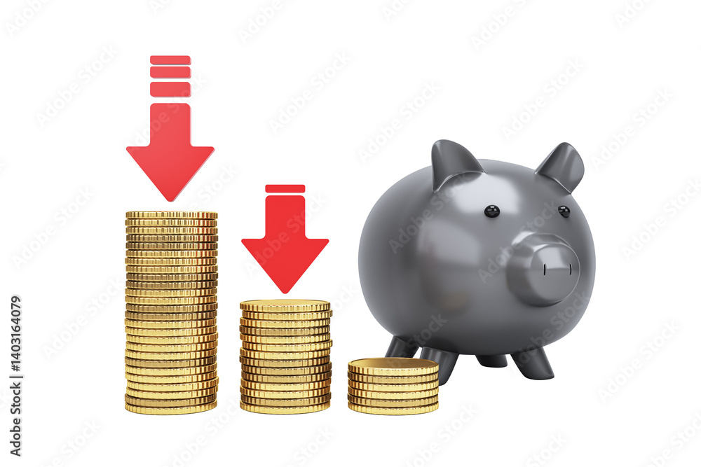 Fototapete glossy black piggy bank with three declining stacks of gold coins and red downward arrows, isolated 
