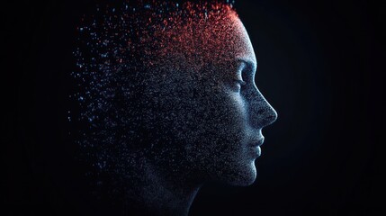 Woman's face disintegrating, digital art, dark background, AI concept