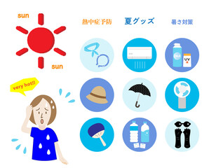 暑さ、熱中症　対策グッズ　イラストセット　カラー