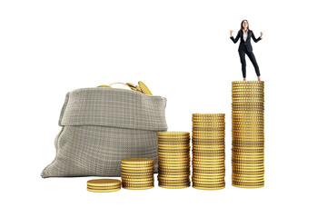 Woman in suit on coin stacks beside money bag, realistic style, isolated on white background....