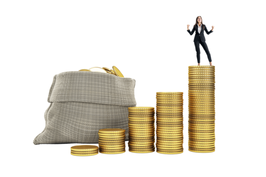 Woman in suit on coin stacks beside money bag, realistic style, isolated on white background. Concept of wealth, success, finance, prosperity