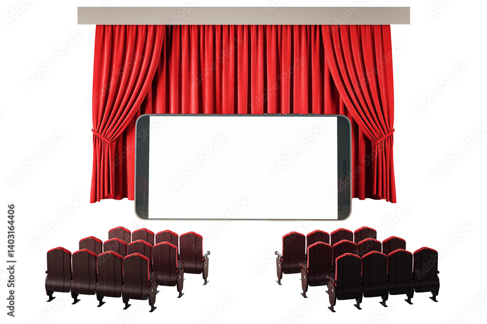 Poster Smartphone with blank display on stage with red curtains and empty theater seats, isolated on white background. Presentation and branding concept. 3D Rendering