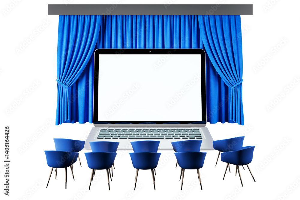 Aufkleber laptop with blank screen on stage with blue curtains and audience chairs, isolated on white backgrou