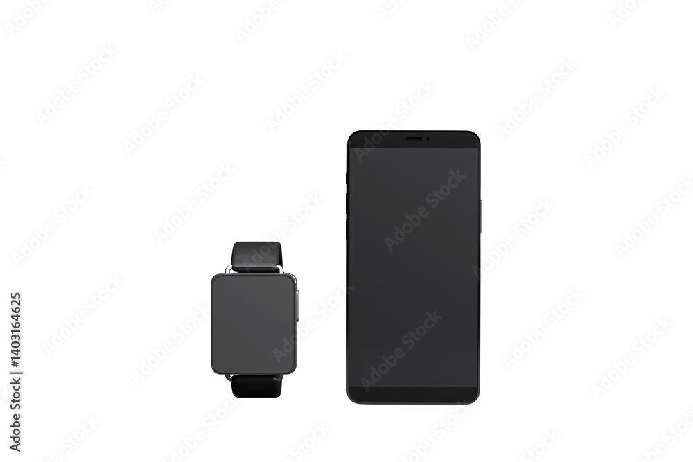 Poster black smart watch and smartphone device mockup in clean 3d rendering style, isolated on white backgr