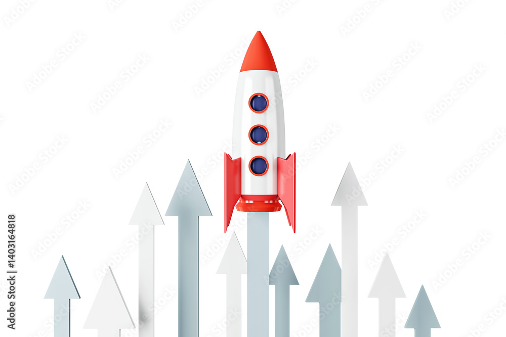 Poster red and white rocket spaceship launching upward with arrows, clean isolated layout on white backgrou