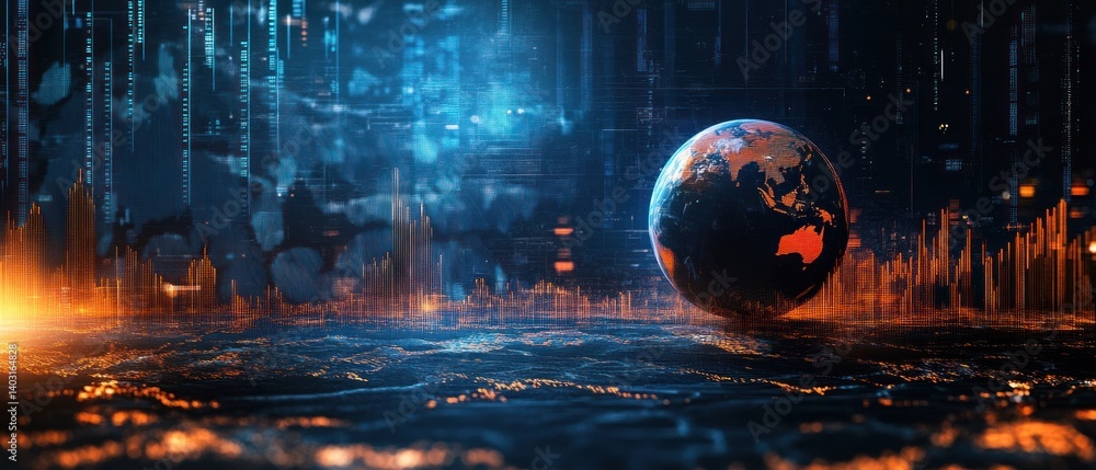 Poster digital earth surrounded by data streams and waves