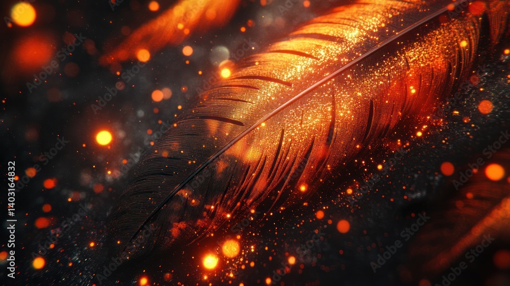 Poster golden feather in dark background with glowing particles. the image evokes a sense of magic and wond