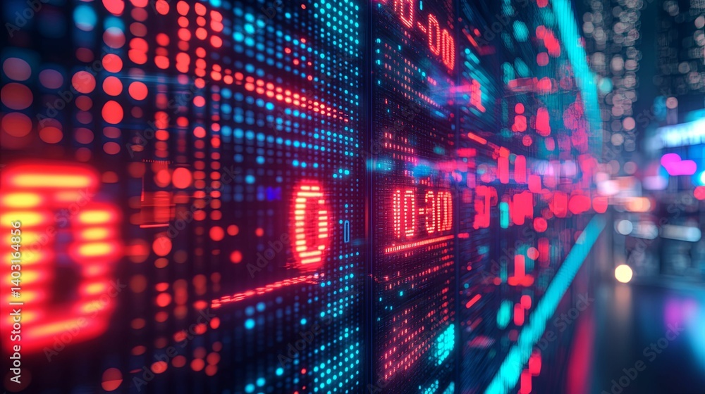 Poster a dynamic display of financial data with vibrant red and blue lights.