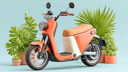 modern electric scooter stands out against vibrant backdrop of lush green plants, showcasing eco friendly transportation