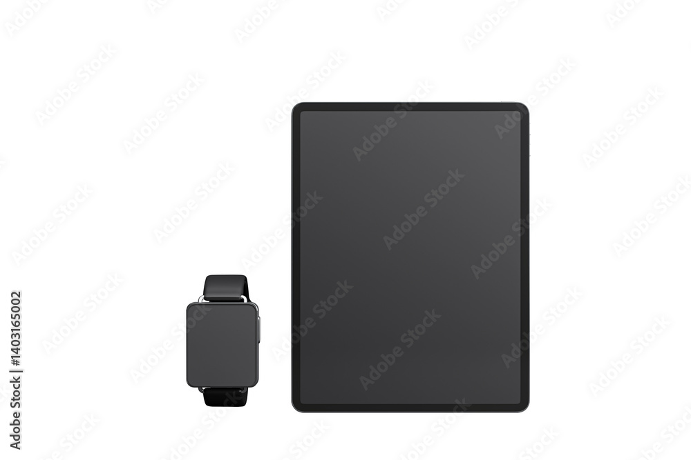 Poster black smartwatch and tablet mockup with blank screens, realistic style, isolated on white background