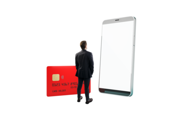 Businessman in suit standing near large red credit card and big smartphone mockup, isolated on white background, concept of digital banking