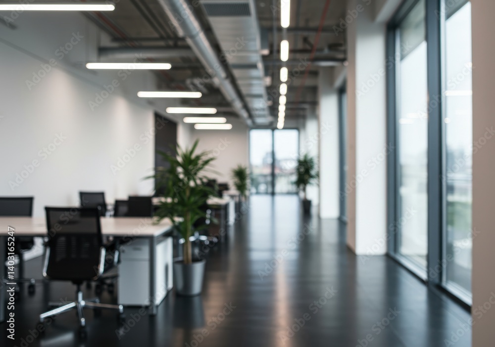 Poster blurred view of a modern office space with desks chairs plants and large windows creating a bright a