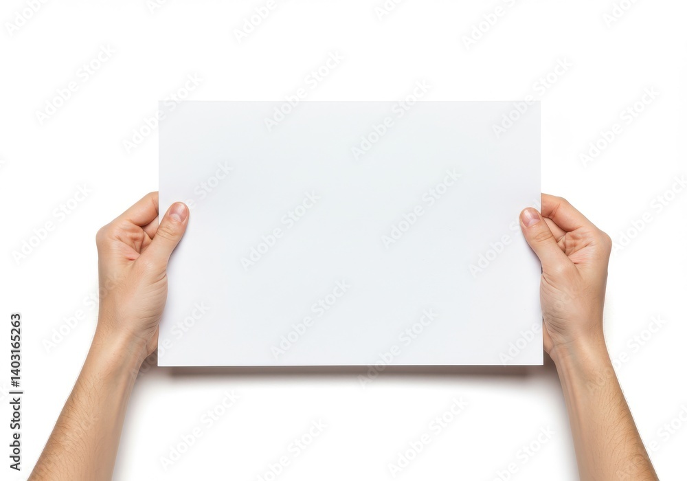 Aufkleber hands holding a blank white rectangular piece of paper against a plain white background image view