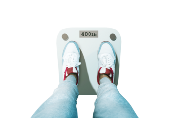 Woman's legs in sneakers on a weight scale reading 400 lb, clean and isolated style on white background, concept of health and weight