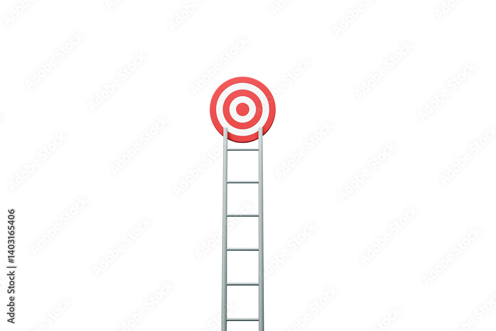 Poster Ladder reaching red bullseye target isolated on white background, clean closeup with light design style. Concept of business goal and success. 3D Rendering