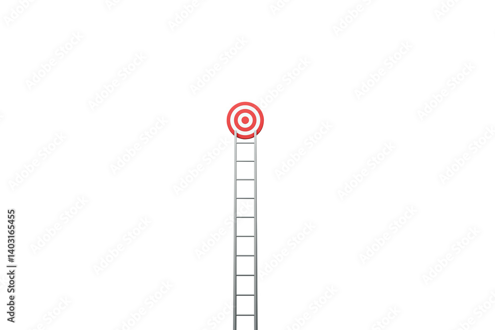 Poster ladder leaning on red bullseye target, clean minimal layout, isolated on white background. concept o