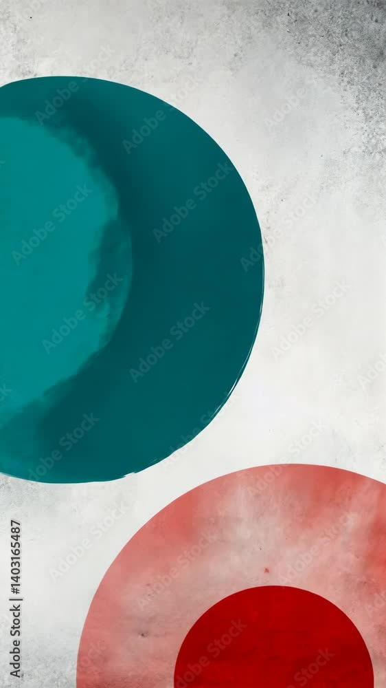 Poster abstract overlapping circles creating a modern art painting with textured surface and teal, red, and