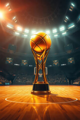 golden basketball trophy inside an arena