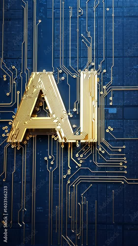 Poster golden ai letters integrated into circuit board design, neural network concept, artificial intellige