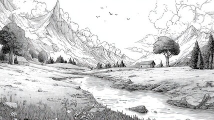 Serene Black and White Illustration of Mountains, River, and Cabin in Tranquil Landscape